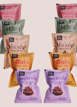 Healthy Chips Pack of 10 | Beetroot Masala Chips (2), Beetroot Cream and Onion (2), Oats Peri Peri (2), Millet Jalapeno (2), Mix Veg Classic Masala (2)