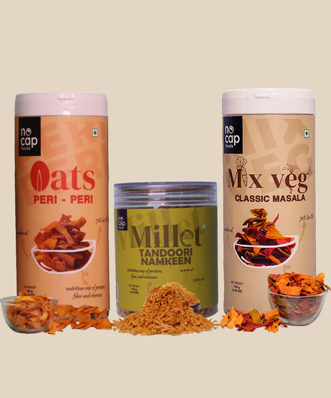 Combo | Oats Peri Peri Chips ,Millet Tandoori Namkeen & Mix Veg Classic Masala Chips 150g