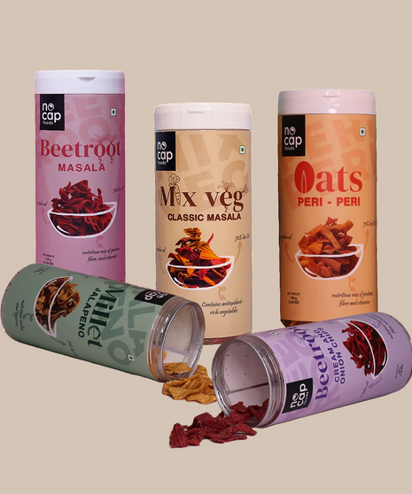 Healthy Chips Boxes Combo of 5 | Beetroot Masala Chips (1), Beetroot Cream and Onion (1), Oats Peri Peri (1), Millet Jalapeno (1), Mix Veg Classic Masala (1)