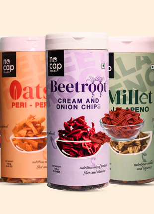 Healthy Chips Boxes Combo of 5 | Beetroot Masala Chips (1), Beetroot Cream and Onion (1), Oats Peri Peri (1), Millet Jalapeno (1), Mix Veg Classic Masala (1)