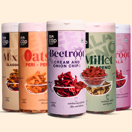Healthy Chips Boxes Combo of 5 | Beetroot Masala Chips (1), Beetroot Cream and Onion (1), Oats Peri Peri (1), Millet Jalapeno (1), Mix Veg Classic Masala (1)