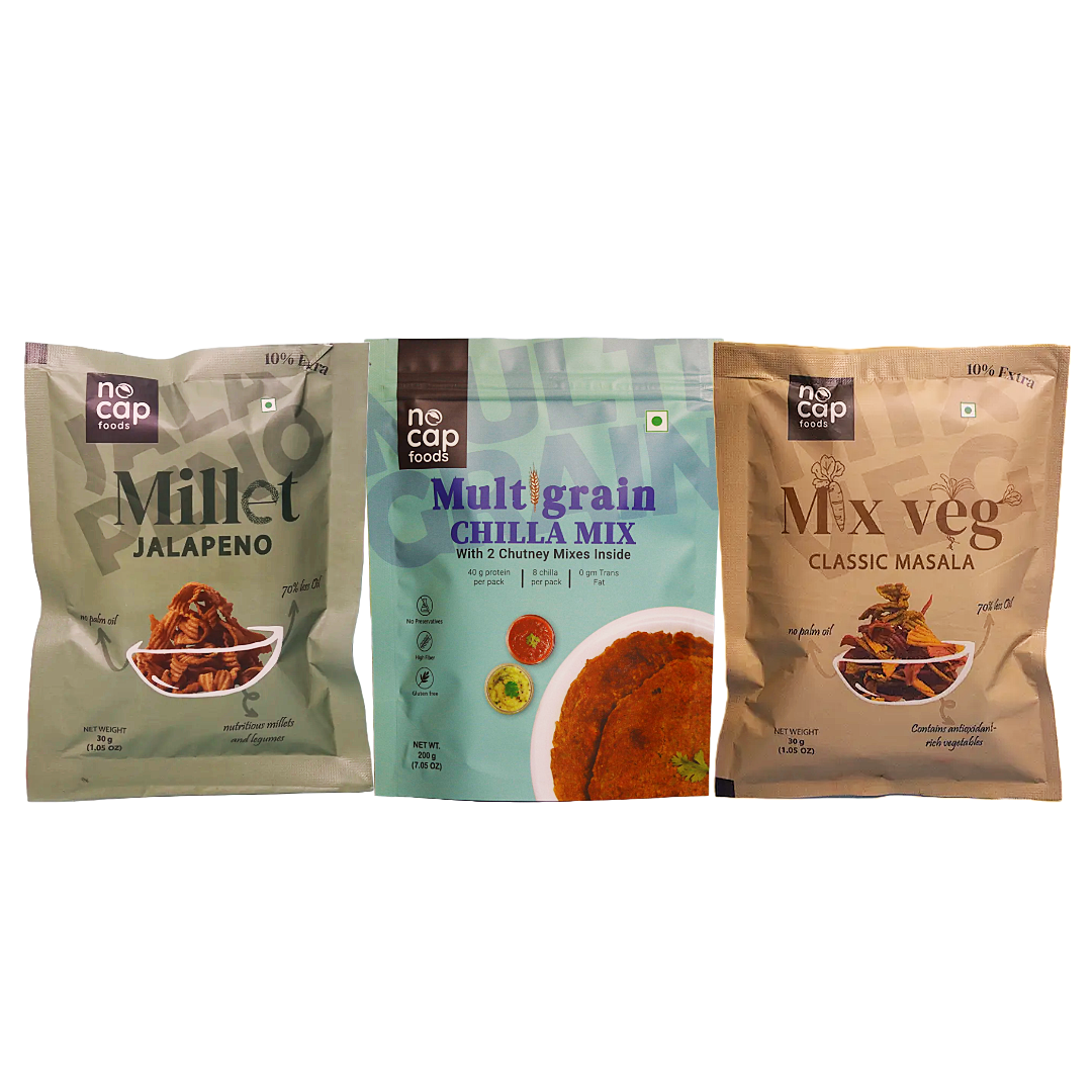 Combo | NoCap Super Saver Pack of 3| Multigrain Chilla Premix 200 gm (1), Millet Jalapeno Chips 30 gm (1), Mix Veg chips 30 gm (1)