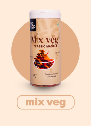 Canister of 'Mix Veg Classic Masala' on a beige background