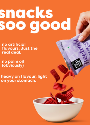 Hand pouring red snack chips into a bowl with 'snacks soo good' text on an orange background.