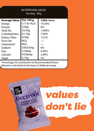 Beetroot cream and onion chips packaging with nutritional information on an orange background