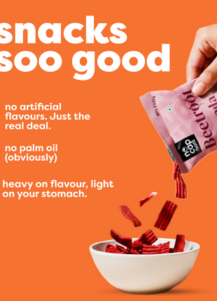 Hand pouring snacks into a bowl with an orange background and text about snack qualities.
