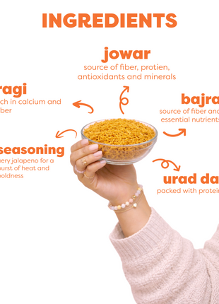 Hand holding a bowl of yellow功课 with text detailing ingredients on a white background