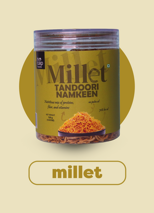 Jar of Millet Tandoori Namkeen on a beige background