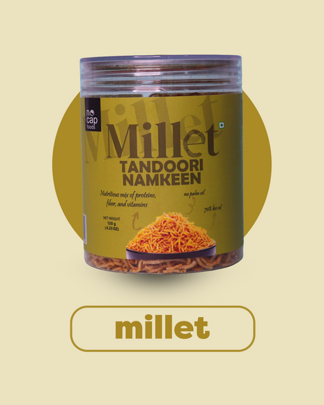 Jar of Millet Tandoori Namkeen on a beige background
