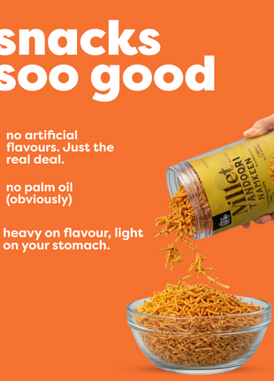 Hand pouring snacks from a container into a bowl with an orange background and text about snack qualities.