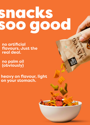 Bag of snacks being poured into a bowl with promotional text on an orange background
