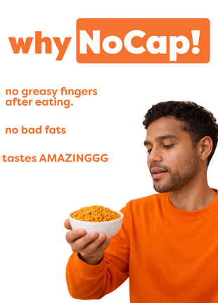 Person holding a bowl of food with 'whyNoCap!' text and benefits listed on a white background