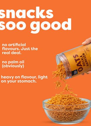 Oats & Co. snack being poured into a bowl with text on an orange background