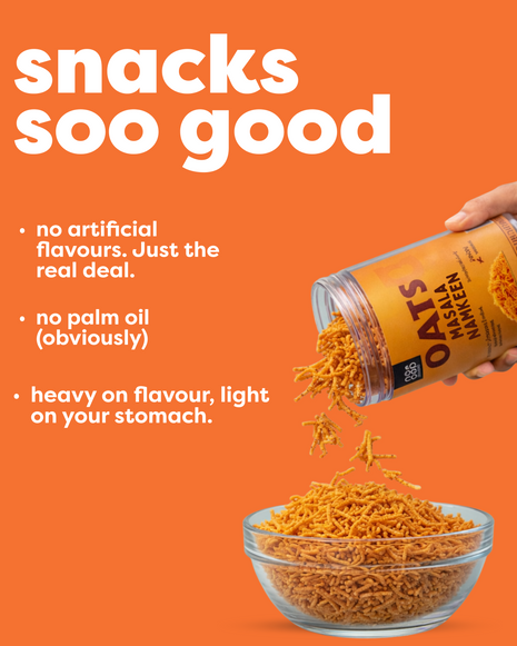 Oats & Co. snack being poured into a bowl with text on an orange background