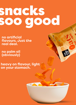 Snack packaging with chips spilling into a bowl on an orange background, featuring text about snack qualities.