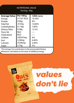 Nutritional label and package of Oats Peri-Peri on an orange background with 'values don't lie' text.