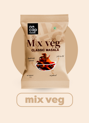 Packaging of Mix Veg Classic Masala from no cap foods on a beige background