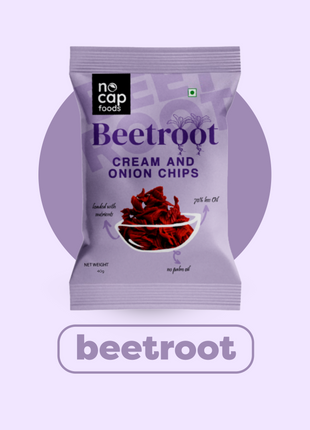 Packaging of beetroot cream and onion chips with 'no cap foods' branding on a light purple background.