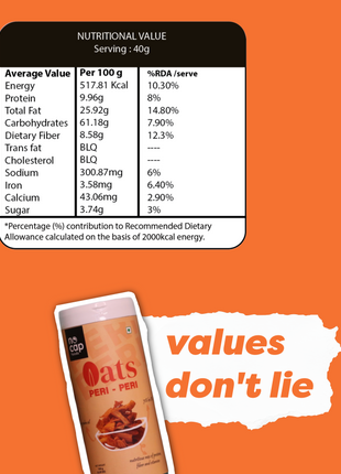 Nutritional label and package of Oats Peri-Peri on an orange background with 'values don't lie' text.