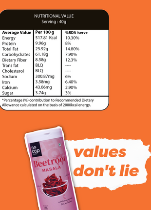 Nutritional label and packet of beetroot masala on an orange background with 'values don't lie' text.