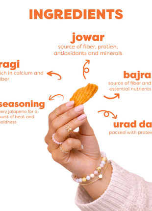 Hand holding a snack with ingredients listed on a white background