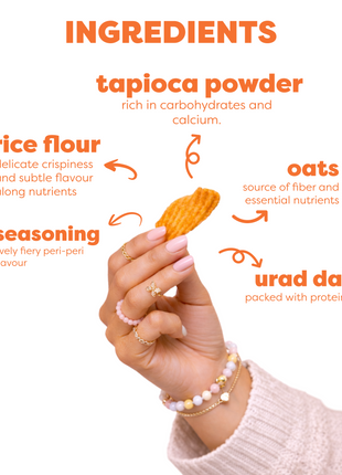 Hand holding a snack with ingredients listed above on a white background