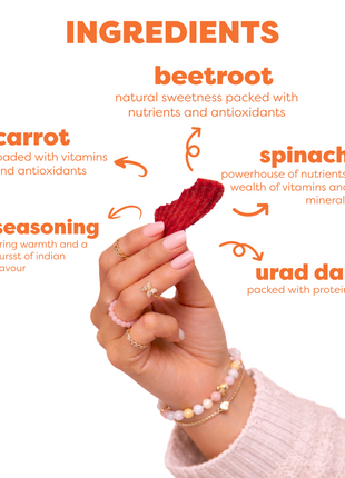 Hand holding a red vegetable with text listing ingredients on a white background