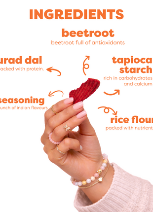 Hand holding a red snack with ingredients listed on a white background