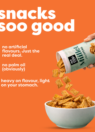 millet snacks being poured into a bowl with promotional text on an orange background