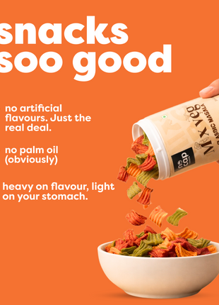 Snack mix being poured into a bowl with an orange background and text about snack qualities.