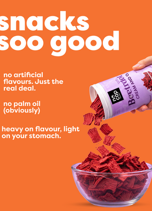 Bowl of beetroot chips being poured from a purple container with text on an orange background.