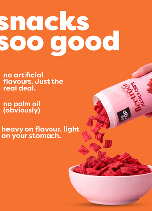 Bowl of red snack being poured from a pink container with text on an orange background