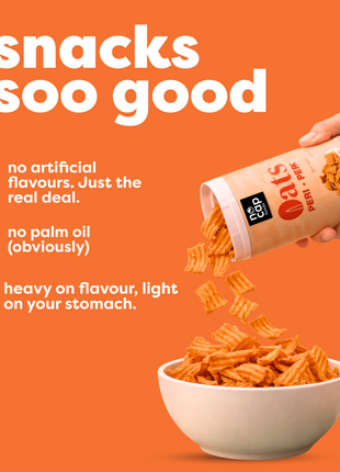Bowl of snacks with a container being poured into it, on an orange background with text about snack qualities.
