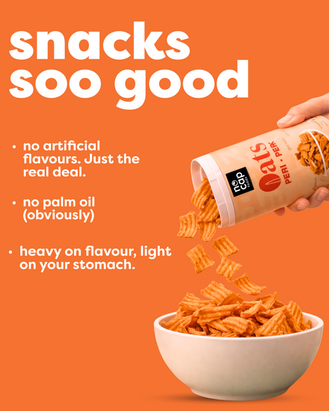 Bowl of snacks with a container being poured into it, on an orange background with text about snack qualities.