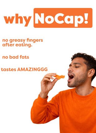 Person eating an orange snack with 'whyNoCap!' branding and text about benefits.