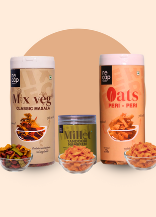 Combo | Oats Peri Peri Chips ,Millet Tandoori Namkeen & Mix Veg Classic Masala Chips 150g