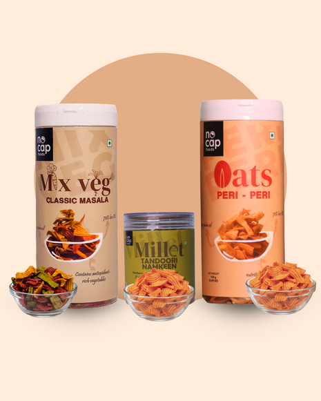 Combo | Oats Peri Peri Chips ,Millet Tandoori Namkeen & Mix Veg Classic Masala Chips 150g