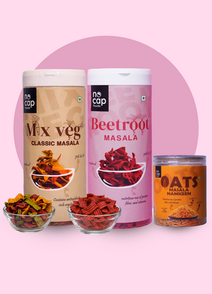 Three containers of no cap brand food products on a pink background