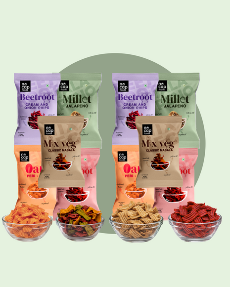Healthy Chips Pack of 10 | Beetroot Masala Chips (2), Beetroot Cream and Onion (2), Oats Peri Peri (2), Millet Jalapeno (2), Mix Veg Classic Masala (2)