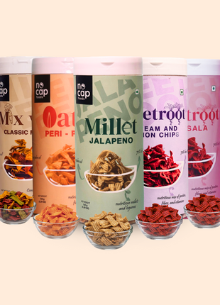 Healthy Chips Boxes Combo of 5 | Beetroot Masala Chips (1), Beetroot Cream and Onion (1), Oats Peri Peri (1), Millet Jalapeno (1), Mix Veg Classic Masala (1)
