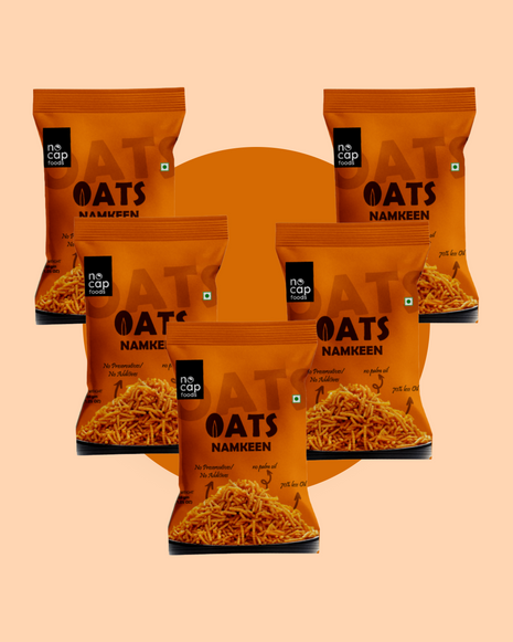 Five packages of Oats Namkeen on a peach background